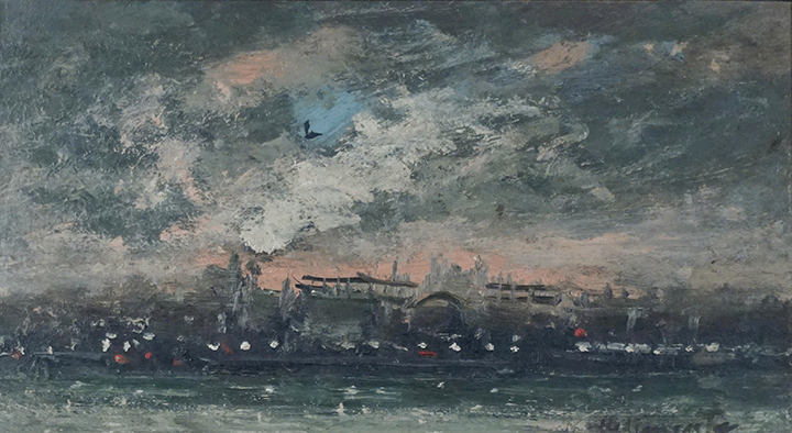 Evening sky over refinery and harbor